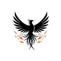 A powerful black phoenix, wings outstretched, emerges from fiery orange flames. Symbolizes rebirth, strength, and overcoming challenges. Clean vector graphic, ideal for logos.
