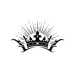 A regal black ink crown tattoo design. Features a majestic crown, vibrant sunburst, and tribal flames. Symbolizing power, royalty, and elegance. Perfect for bold statement tattoos.
