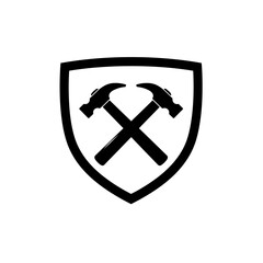 A powerful logo featuring two crossed hammers within a bold shield. This striking black and white design symbolizes strength, reliability, and expert craftsmanship in construction or trades. Perfect f