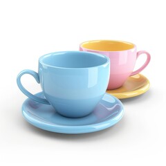 Obraz premium Two pastel-colored teacups and saucers positioned on a white background.
