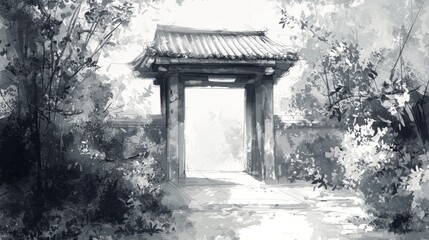 A painting of a bridge with trees in the background