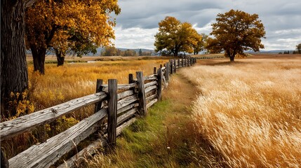 Obraz premium Autumn field with fence and golden trees