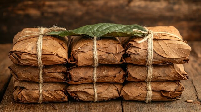 Stacked Packages Wrapped in Dried Leaves