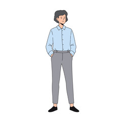 A stylish illustration of a young woman, thoughtfully posed. She wears a light blue shirt and grey trousers, against a white background. The clean lines and simple design create a minimalist aesthetic