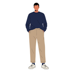Obraz premium A fashion illustration showcases a man in a stylish navy sweater and beige pants. Clean lines and a minimalist design highlight the casual yet modern outfit. The comfortable look is perfect for fall.