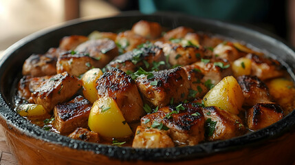 Conejo al Ajillo, Garlic Rabbit served in a rustic clay pot, with tender pieces of rabbit cooked in garlic and olive oil, garnished with fresh herbs