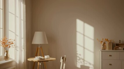 Good morning greeting card design on living room interior. Interior with wooden table, chair, chest and flowers. Wishing well with floral ornament.