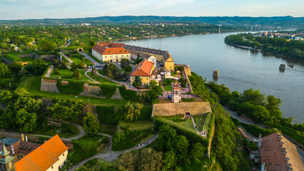 Novi Sad, Serbia, captured from the air with a stunning view of the Petrovaradin Fortress and the...