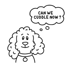 Cute poodle vector illustration. Hand-drawn funny little dog in doodle style, black and white outline with text in a speech bubble. Perfect for design projects, stickers, or children's content.
