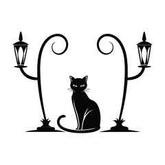 Majestic black cat silhouette between elegant Victorian lamps a mysterious Halloween design Classic