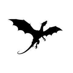 Majestic black dragon silhouette soars wings spread wide in flight A powerful mythical creature