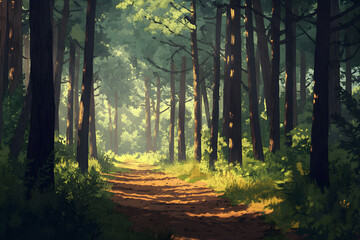 Obraz premium Serenity in the Pines: An Enchanting Forest Retreat that Invites Tranquility and Connects You with Nature's Serenity and Beauty Amidst Tall, Towering Trees and Rustic Earthy Aromas