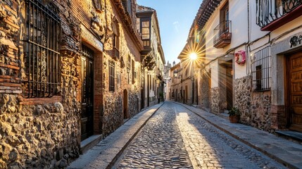 Sunlight streams down a cobblestone street between aged buildings.
