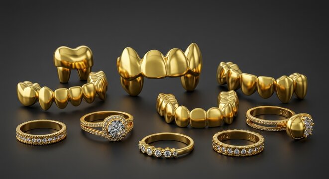 Gold Teeth and Rings Collection - A luxurious collection of gold teeth grills and diamond rings, symbolizing wealth, status, , confidence, and extravagance