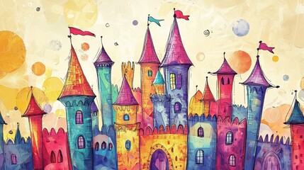 A colorful castle with a blue roof and a red roof