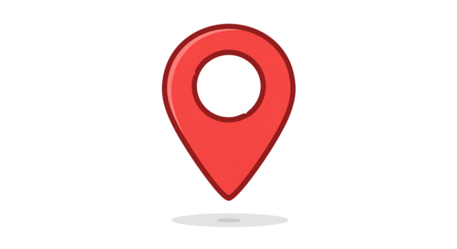 A red location pin with a dark outline and a shadow on a black background indicating a specific place