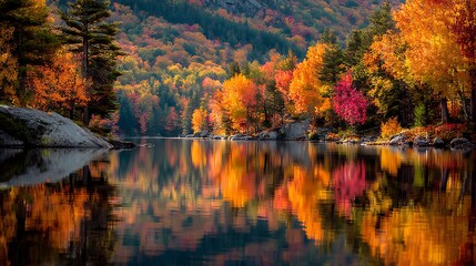 Fototapeta premium Autumn trees reflect over calm lake water