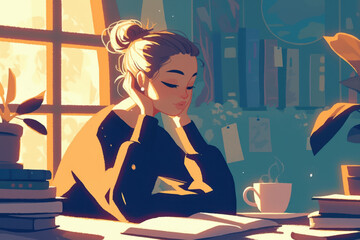 Woman sitting at table with coffee cup.