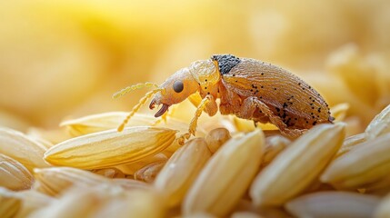 Rice weevil on unmilled rice grains, close-up
