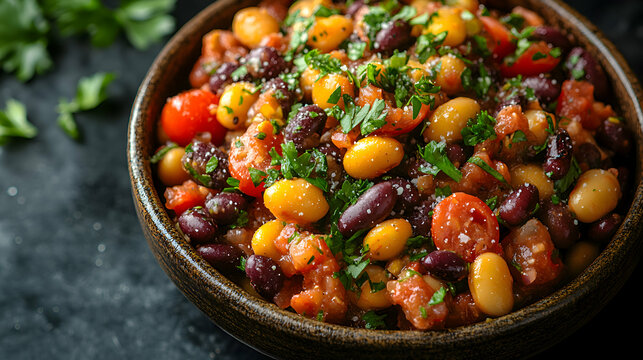 Empedrat, Catalan Bean Salad, served in a traditional clay bowl, with fresh tomatoes, beans, and a light dressing, garnished with parsley