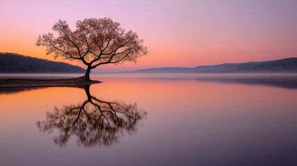 Solitary tree reflection at sunset on a serene lake