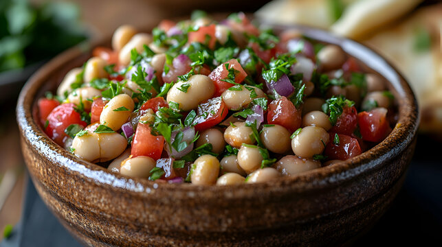 Empedrat, Catalan Bean Salad, served in a traditional clay bowl, with fresh tomatoes, beans, and a light dressing, garnished with parsley