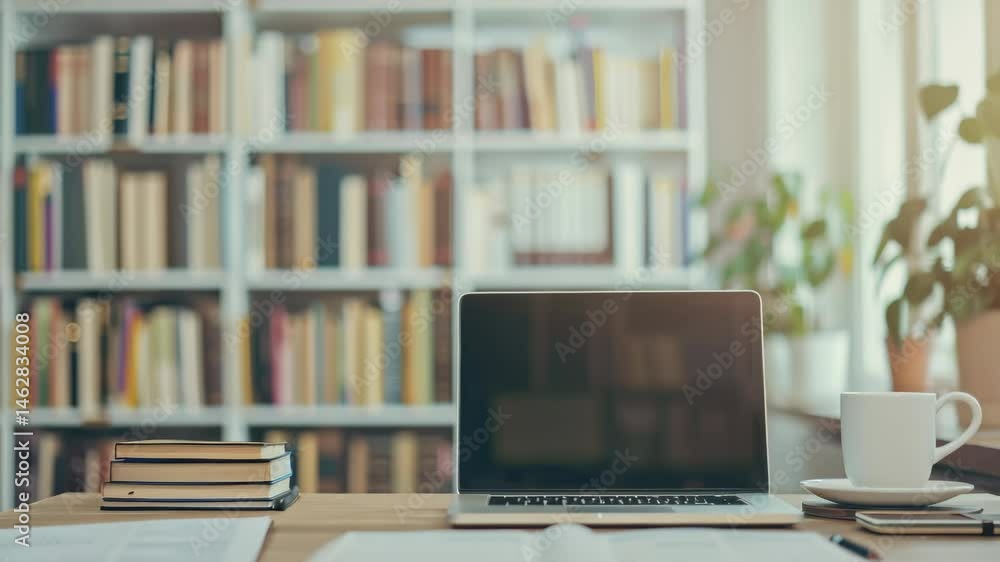 Poster an eye-level shot in a room with a desk with stacks of books, an open laptop, a coffee cup, and some