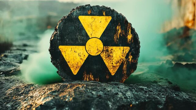 Rusty radiation hazard sign in toxic wasteland
