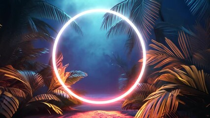 Glowing neon circle in tropical jungle at night
 - Powered by Adobe