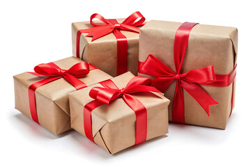 Obraz premium gift boxes with the red ribbons in eco paper image isolated on white background