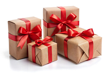 Fototapeta premium gift boxes with the red ribbons in eco paper image isolated on white background
