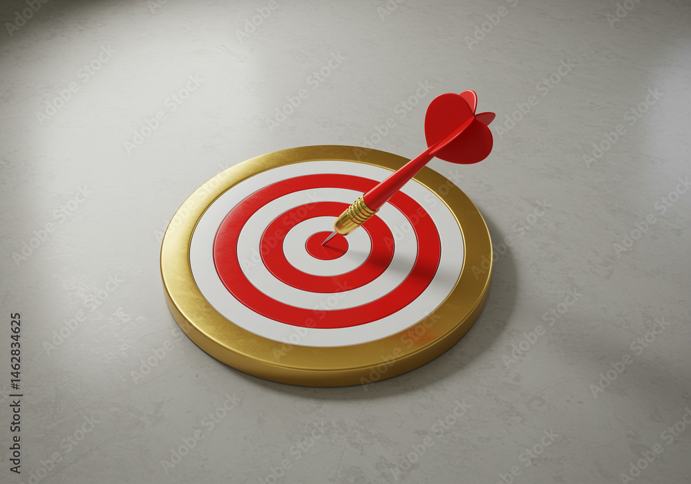 Poster dartboard with dart hits target bullseye center with red and white circles and golden frame on gray 