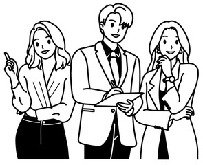 Business people in the office, cartoon, black line, hand drawing, minimal style
