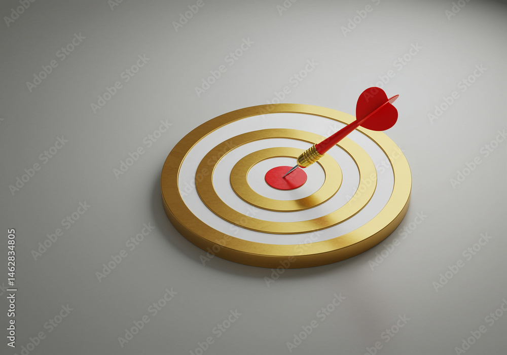Poster dartboard with dart in bullseye representing target and goal. dartboard with red dart hitting the bu