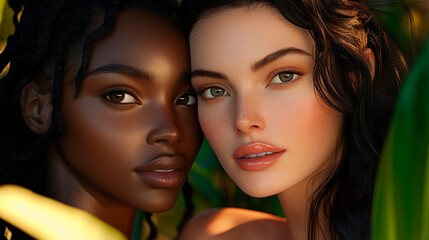 Close-up photo of two beautiful models of different races and hairstyles posing for an advertisement for a luxury skin care product.
