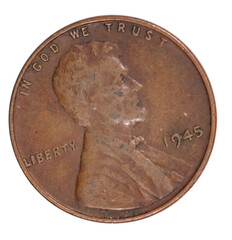 Isolated brass American Lincoln penny cent currency