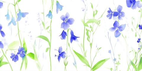 Delicate floral pattern of light blue flowers and greenery on a white background.  Watercolor style with soft, airy appearance