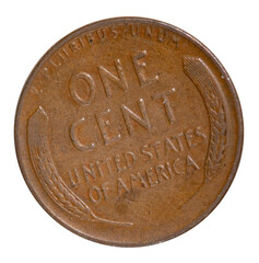 Isolated brass American Lincoln wheat penny cent currency