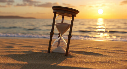 Hourglass symbolizing transience of time at sunset on the beach  
