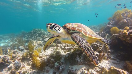 Sea turtle swimming coral reef sunny ocean