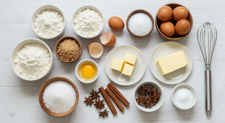 Baking ingredients arranged on a table with a whisk  