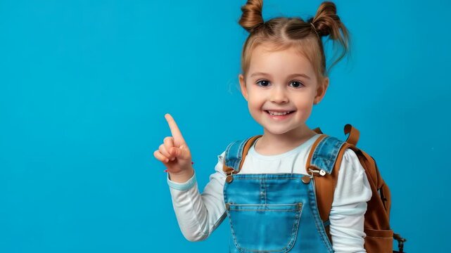A young girl with pigtails is ready for school, wearing a backpack and overalls while pointing up. She stands against a light blue background, with a bright, happy smile.
