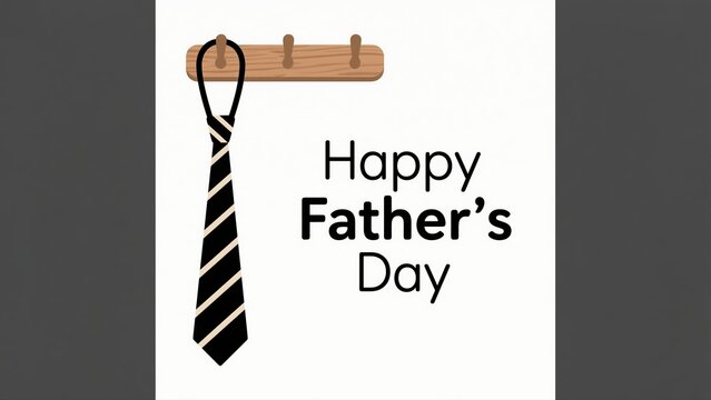 A delightful illustration showcases a black tie with light beige stripes hanging from a wooden rack, accompanied by the heartfelt message 'Happy Father's Day', created with vector graphics 8K