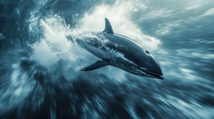 Fototapeta premium Shark leaping ocean wave, dynamic action, marine wildlife