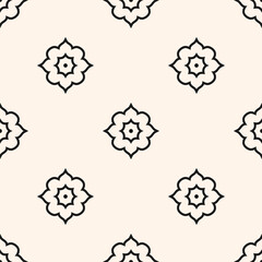 Elegant vector floral seamless pattern. Abstract minimal black and white geometric texture with flower silhouettes. Ornament in arabesque style. Luxury geo background. Repeated design for decor, print