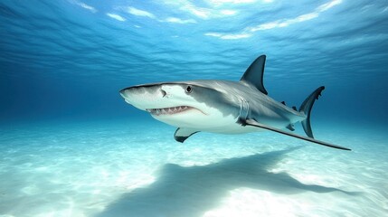 Obraz premium Shark swimming in shallow turquoise water, sandy bottom. Underwater wildlife photo for ocean documentaries