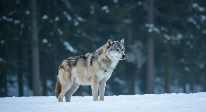 Grey Wolf in Snowy Pine Forest
