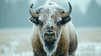 Snowy Plains Bison Portrait Winter wildlife in snowy field