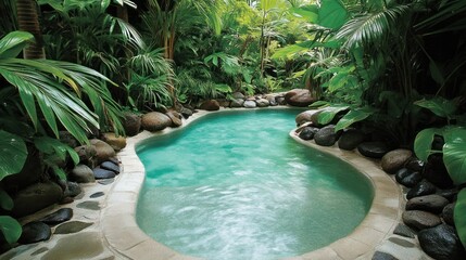 Tropical pool surrounded by lush vegetation. Relaxation. Tourism & vacation
