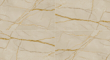 Obraz premium A close up of four beige marble tiles with golden veins forming a square pattern on a flat surface